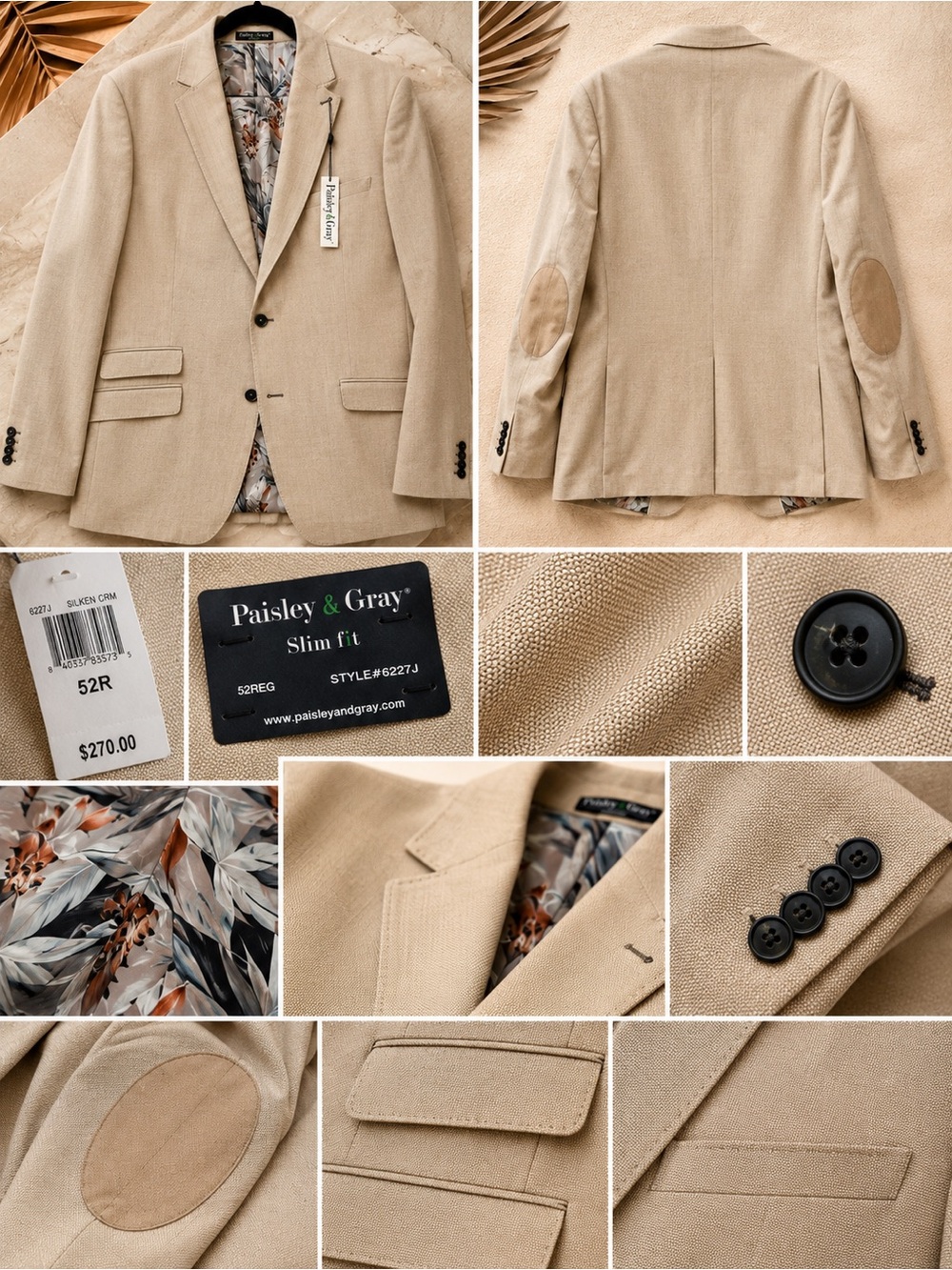 Paisley & Gray Slim Fit Sport Coat 52R Cream Beige Blazer Floral Lining NWT